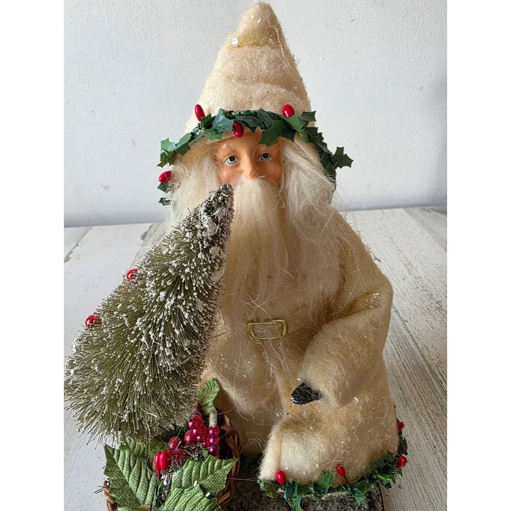 Vintage Victorian glitter Santa tree statue‎ figurine basket shabby chic